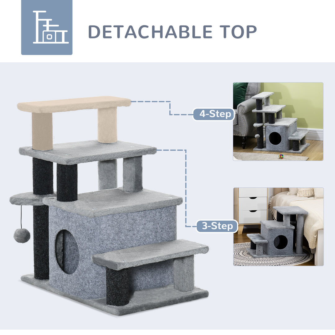 PawHut Adjustable Height Cat Stairs for Bed, Cat House with Detachable Cover, Pet Steps for Sofa, 3-Step/ 4-Step w/ Hanging Ball 60 x 40 x 66 cm Grey