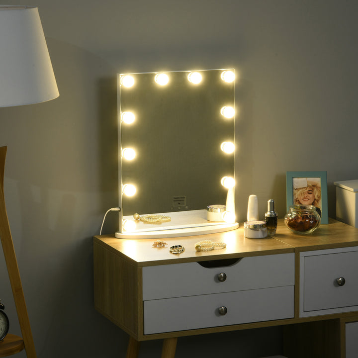 Hollywood Mirror with Lights for Makeup Dressing Table, Lighted Vanity Mirror with 12 Dimmable LED Bulbs and USB Plug in Power Supply, White