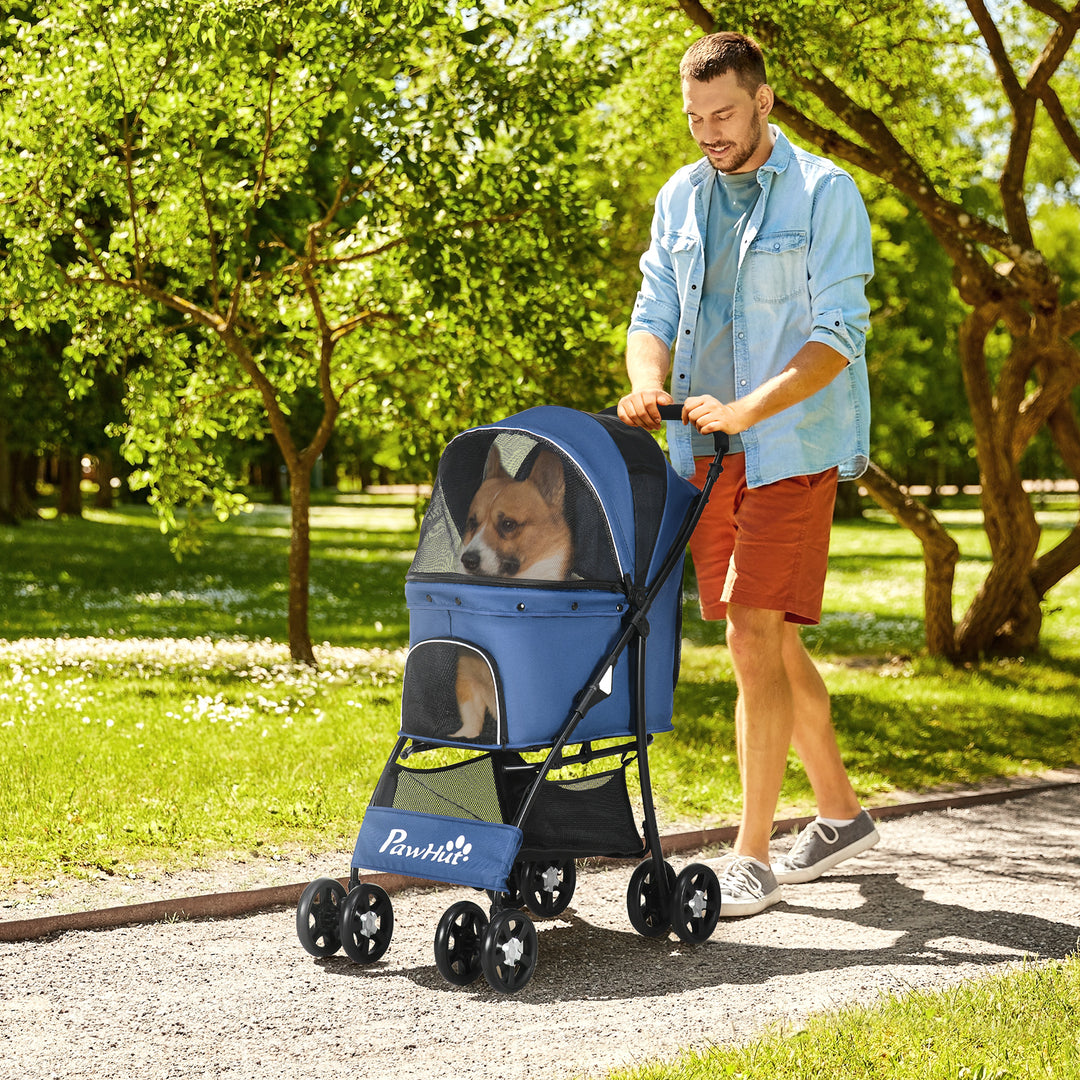 PawHut Pet Stroller, Dog Cat Travel Carriage, Foldable Carrying Bag with Large Carriage, Universal Wheels, Brake Canopy, Basket Storage Bag Dark Blue