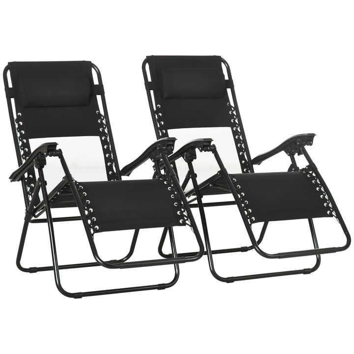 Garden Recliner Chairs Set of 2, Outdoor Foldable Zero Gravity Chairs Set w/ Footstool and Detachable Headrest, Black