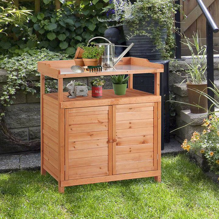 Multi-function Potting Bench Table w/ Storage Cabinet and Galvanized Table Top, Wooden Planting Workstation, 98cm x 47cm x 105cm