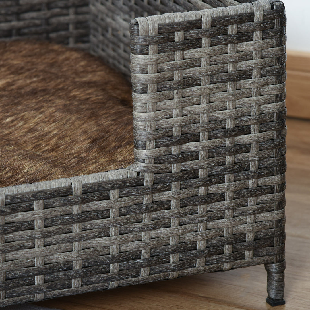 PawHut Rattan Dog Cat Bed Four Feet Pet House Hand-knitted Metal Small Animal Sofa Rattan with Soft Machine Washable Cushion White-gray