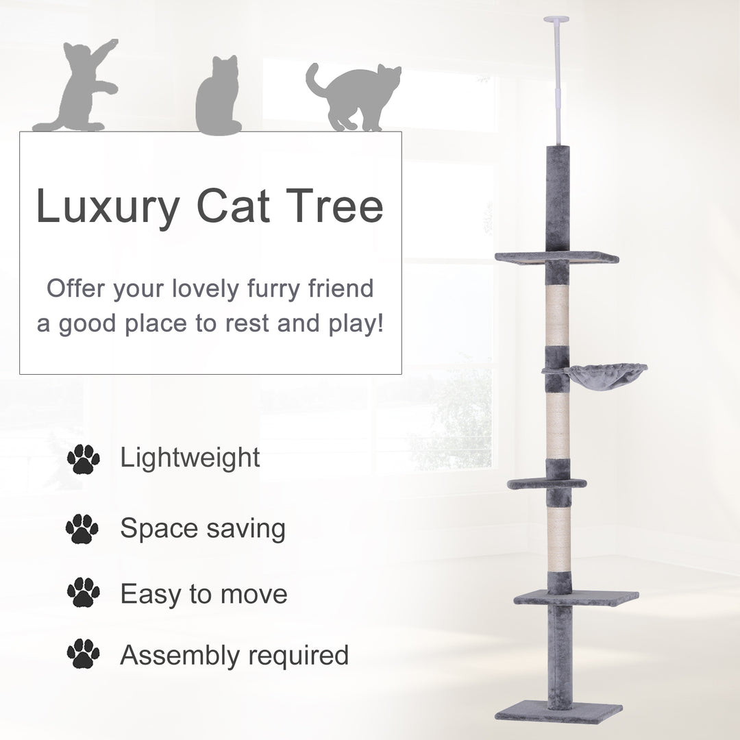 PawHut Cats Floor to Ceiling Scratching Post w/ 5-Tier Plush Leisure Platforms Grey