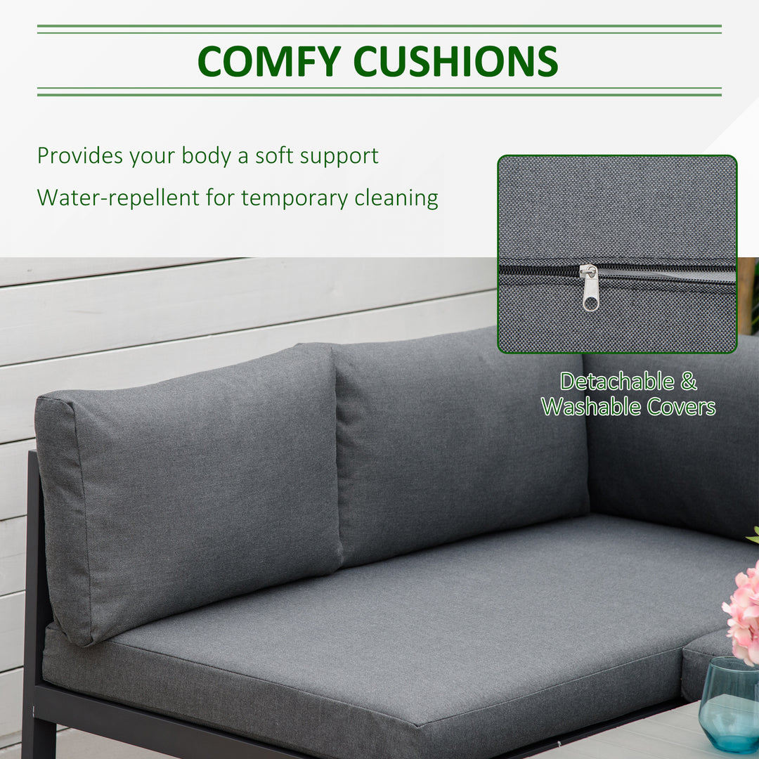 5-Piece L-shaped Garden Furniture Set, Aluminium Conversation Set, Corner Sofa Set with Coffee Table End Table Cushions, Grey Frame