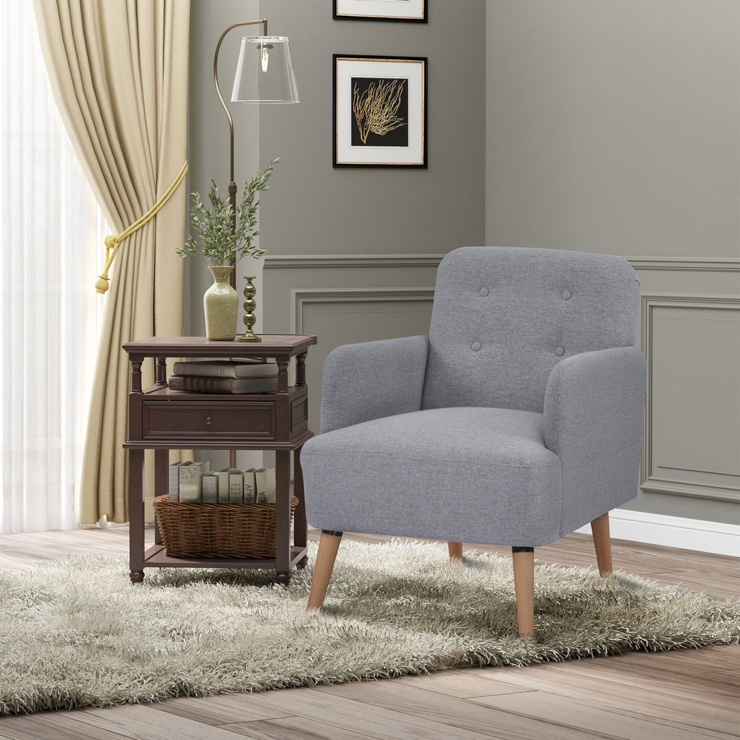 Upholstered Armchair, Nature Wood Frame Living Room Chairs with Birch Wood Legs &amp; Thick Padding Seat and Button Mid-Back, Light Grey