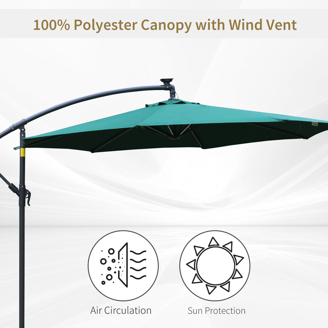 Outsunny 3m LED Cantilever Patio Banana Parasol w/ Crank Cross Base Hanging Offset Umbrella Frame Steel Aluminium Garden Table Outdoor Green