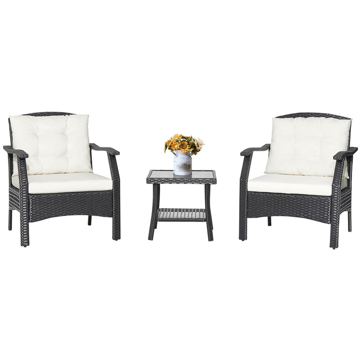 3 Pieces Outdoor Conversation Furniture Set with 2-Tier Tempered Glass Coffee Table