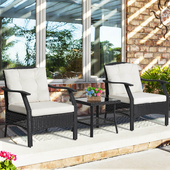 3 Pieces Outdoor Conversation Furniture Set with 2-Tier Tempered Glass Coffee Table