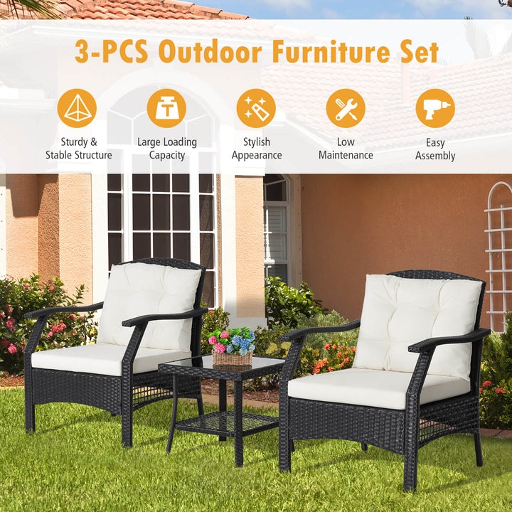 3 Pieces Outdoor Conversation Furniture Set with 2-Tier Tempered Glass Coffee Table