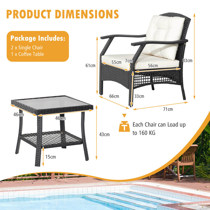 3 Pieces Outdoor Conversation Furniture Set with 2-Tier Tempered Glass Coffee Table