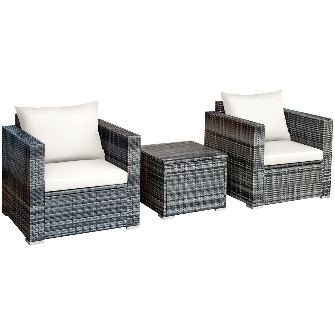 3 Pieces Rattan Bistro Set with Cushions for Balcony-White