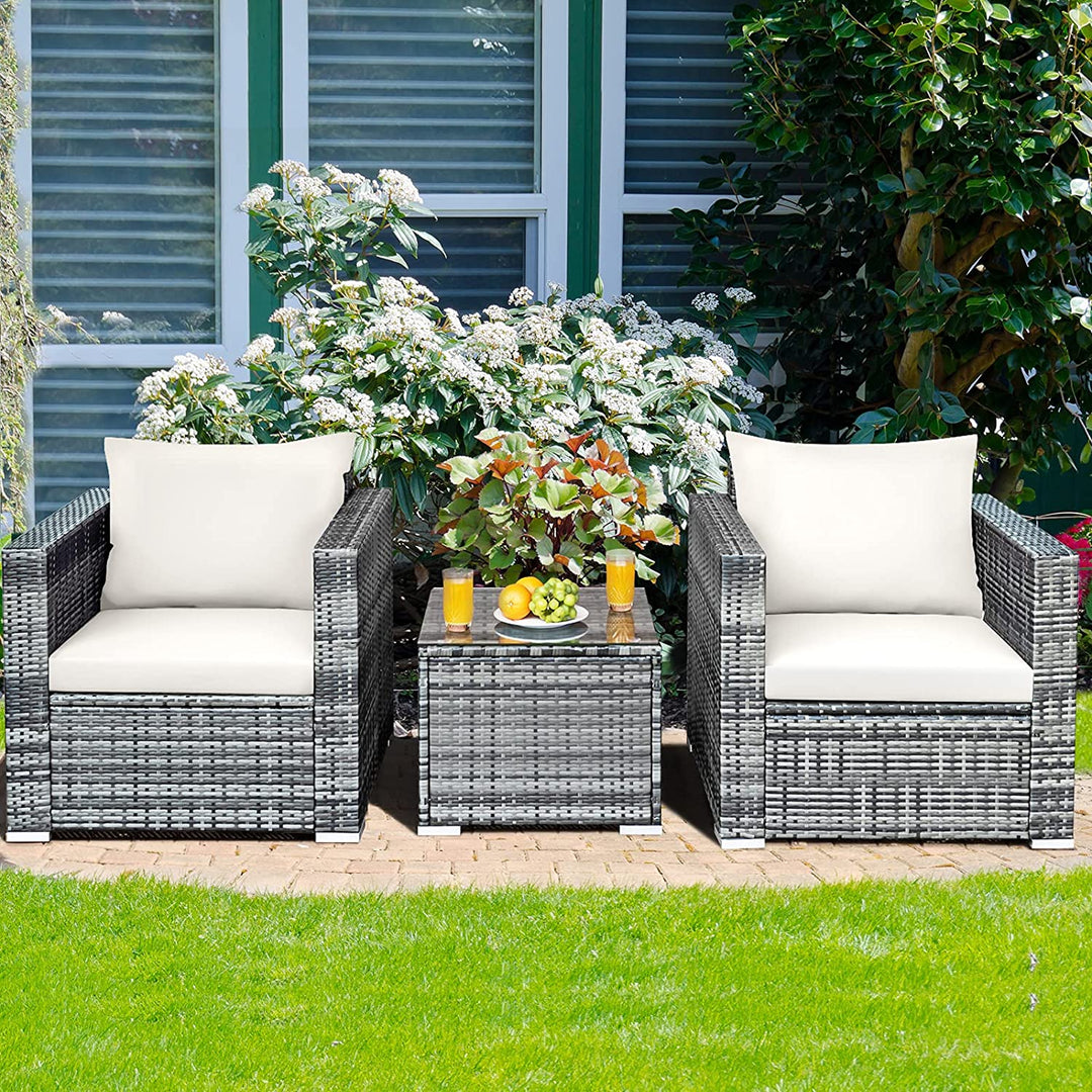 3 Pieces Rattan Bistro Set with Cushions for Balcony-White