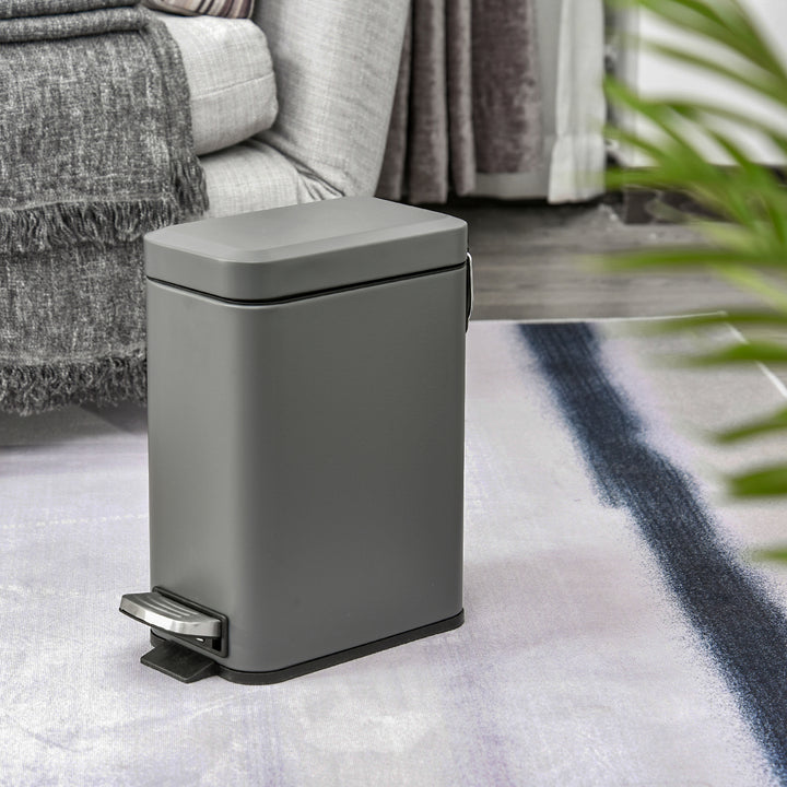 5L Rectangular Compact Bin Steel Body Removable Bucket Quiet-Close Lid w/ Pedal Lid Rubbish Trash Can Garbage Tidy Clean Grey