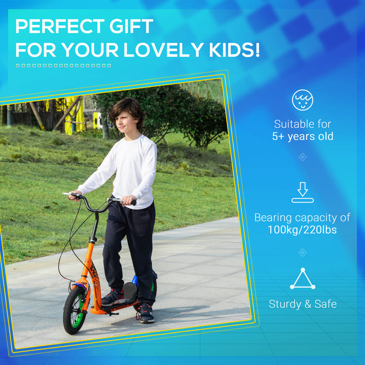 Kids Kick Scooter, Push Scooter, Adjustable Height, Front Rear Dual Brakes, 12-Inch Inflatable Rubber Wheels, for 5+ Years, Orange