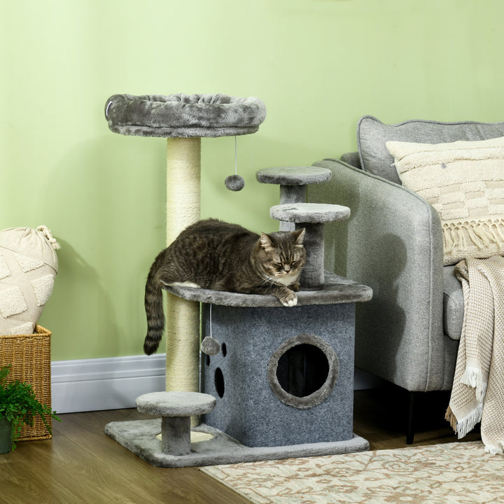 92cm Cat Tree for Indoor Cats with Scratching Posts, Cat Tower with House, Bed, Perches, Scratching Mat, Toy, Grey