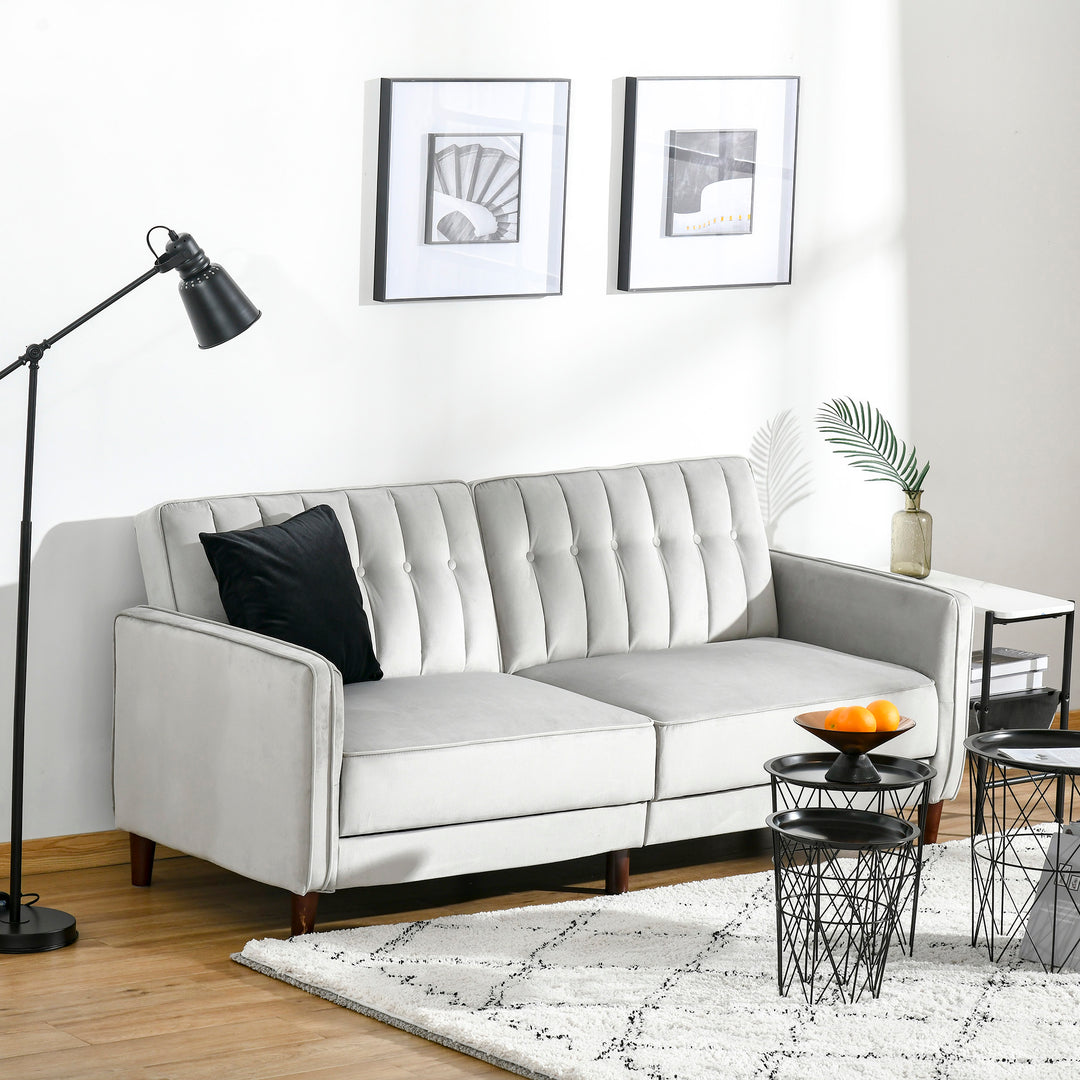Modern Convertible Sofa Futon Velvet-Touch Tufted Couch Compact Loveseat with Adjustable Split Back, Light Grey