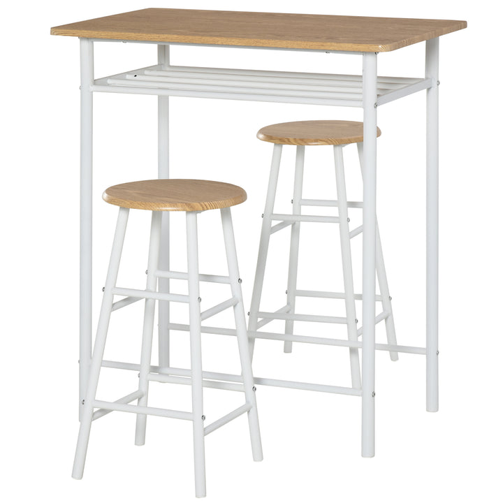 Bar Table Set, Bar Set-1 Bar Table and 2 Stools with Metal Frame Footrest and Storage Shelf for Kitchen, Dining Room, Pub, Cafe, White and Oak
