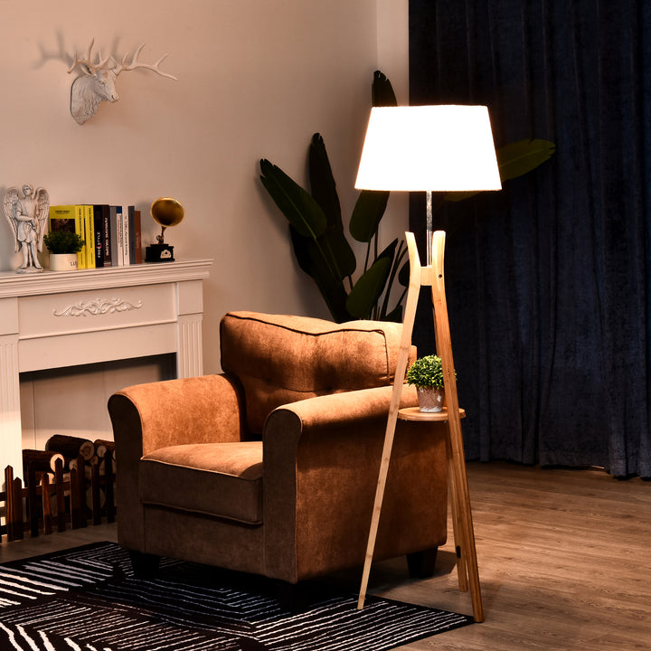 Tripod Floor Lamp Light E27 Base Bedroom Living Room Natural Wooden Fabric Shade Storage Shelf Foot Switch, 156cm, White