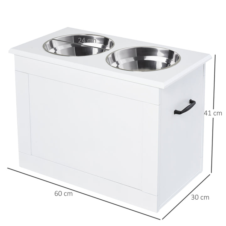 PawHut Raised Pet Feeding Storage Station with 2 Stainless Steel Bowls Base for Large Dogs and Other Large Pets, White