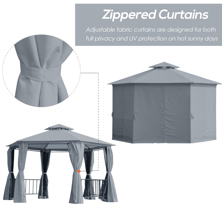Outsunny Hexagon Gazebo Patio Canopy Party Tent Outdoor Garden Shelter w/ 2 Tier Roof & Side Panel - Grey