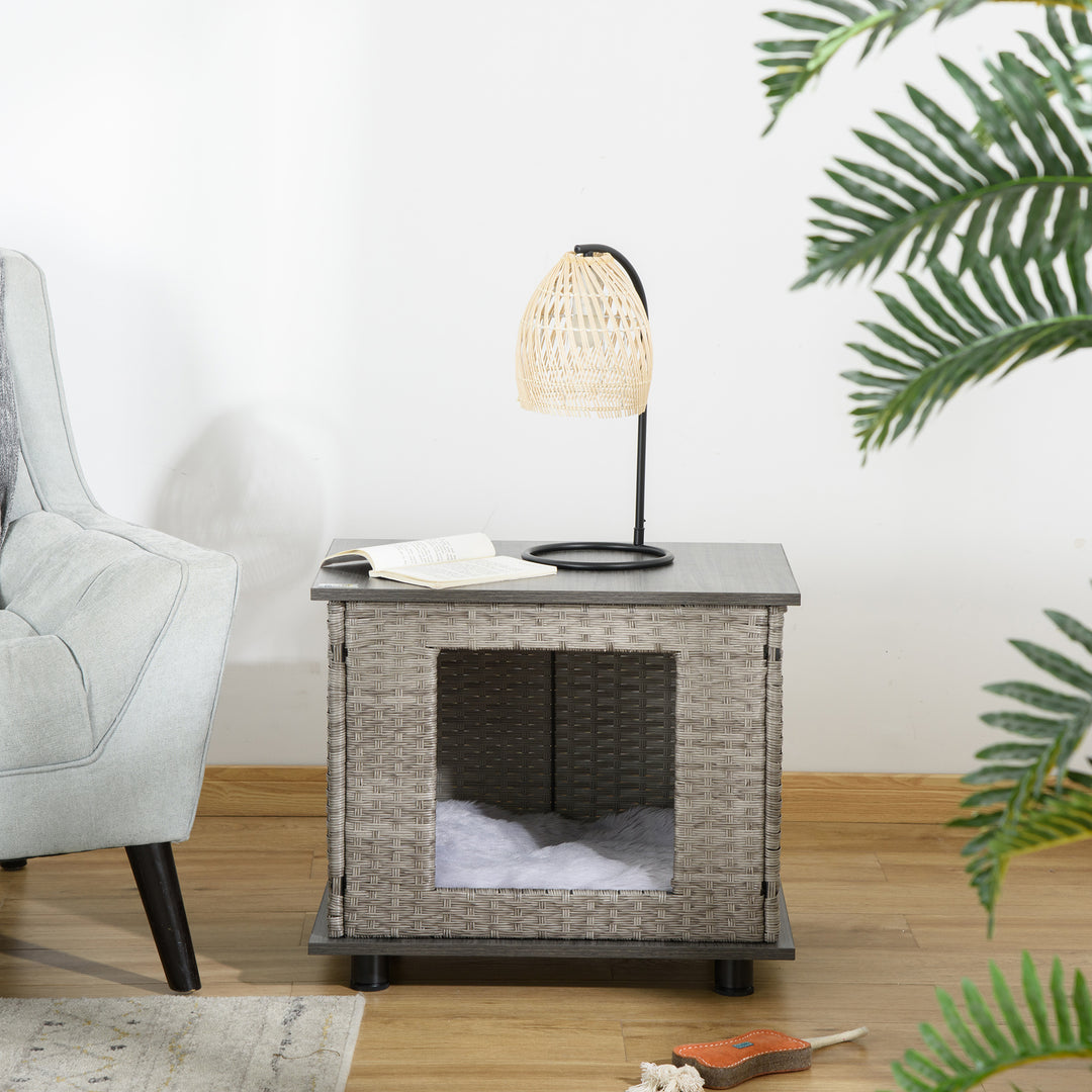 Wicker Dog House Rattan Pet Bed End Table Furniture with Soft Cushion for X-Small Dogs - Grey
