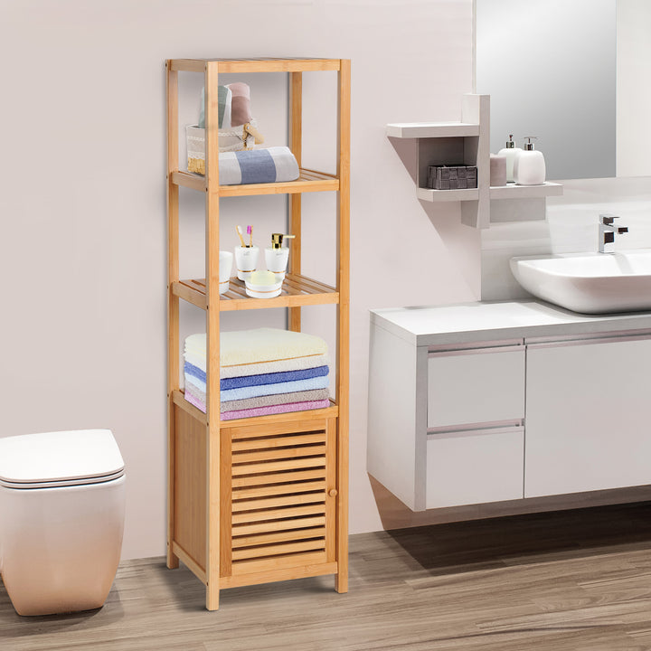 140cm Storage Unit Freestanding Cabinet w/ 3 Shelves Cupboard Bathroom Kitchen Home Tall Utility Organiser
