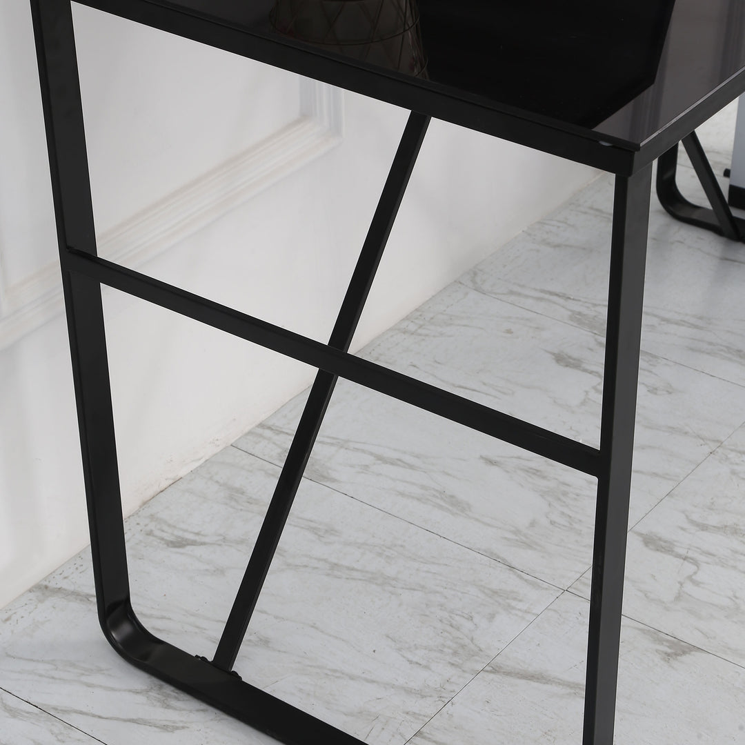 Glass Top Writing Desk with World Map Printing Working Station Home Office Table Gaming Desk Metal Frame Easy Assembly, Black