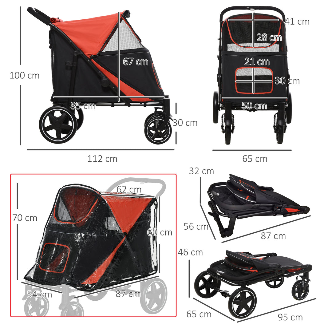 One-Click Foldable Pet Travel Stroller with Rain Cover, Cat Dog Pushchair with Front Wheels - Red