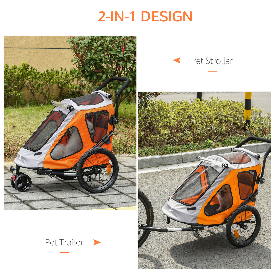 2 IN 1 Dog Bicycle Trailer Pet Carrier Stroller 360° Rotatable Front Wheel Reflectors Parking Brake Straps Cup Holder Water Resistant Orange