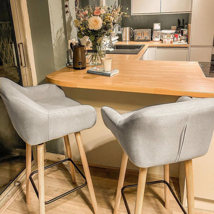 Set of 2  Bar Stools Modern Upholstered Seat Bar Chairs w/ Metal Frame, Solid Wood Legs Living Room Dining Room Fabric Furniture - Beige