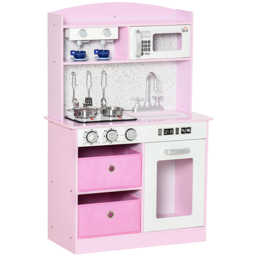 Wooden Play Kitchen with Lights and Sound, Kids Kitchen Playset with Coffee Maker Microwave Sink Utensils Storage Bins, Pretend Role Play Pink