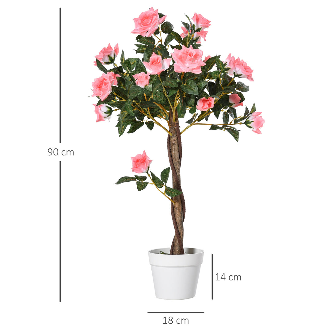 90cm/3FT Artificial Rose Tree Fake Decorative Plant w/ 21 Flowers Pot Indoor Outdoor Faux Decoration Home Office Décor Pink & Green