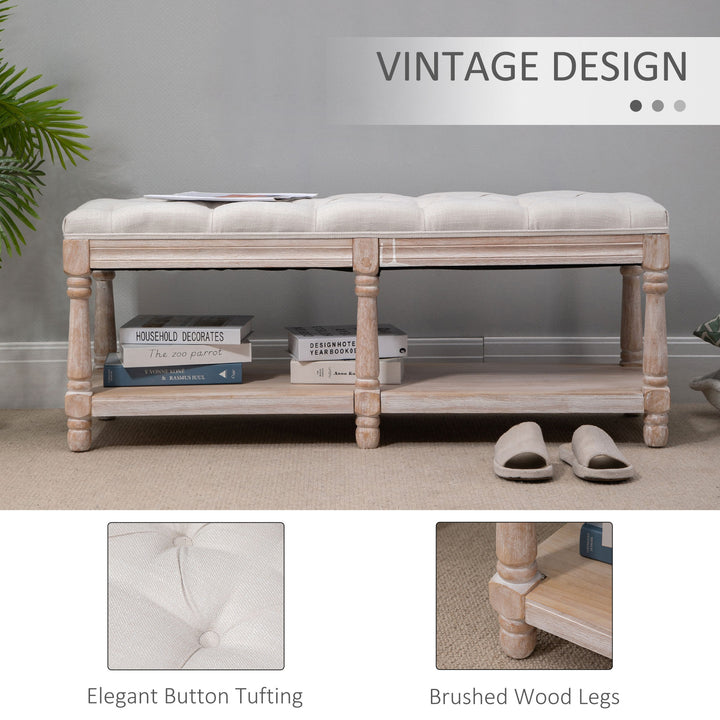 HOMCOM 2 Tier Shoe Rack Bench with Button Tufted Upholstered Cushion, Vintage Bed End Bench, Wooden Window Seat for Hallway, Living Room, Cream White