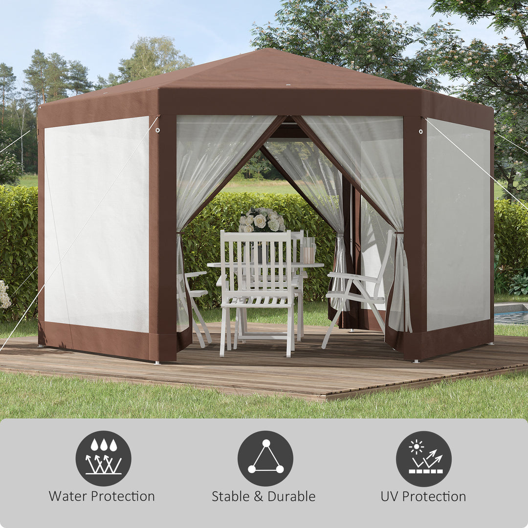 Hexagonal Garden Gazebo Patio Party Outdoor Canopy Tent Sun Shelter with Mosquito Netting and Zipped Door, Brown