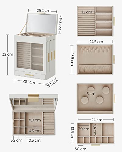 Jewellery Box w/ Glass Window, 5-Layers w/ 3 Side Drawers-Cloud White