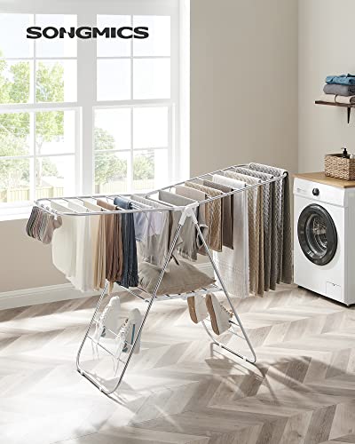 Clothes Drying Rack, Height-Adjustable Wings, Free-Standing, White and Silver