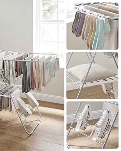 Clothes Drying Rack, Height-Adjustable Wings, Free-Standing, White and Silver