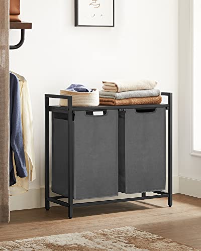 Laundry Basket with 2 Compartments in Metal Frame, Rustic Brown and Grey