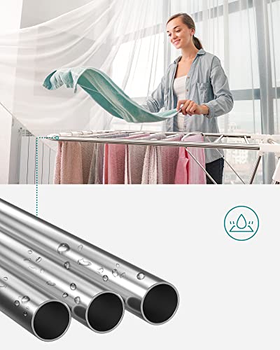 Clothes Drying Rack, Height-Adjustable Wings, Free-Standing, White and Silver