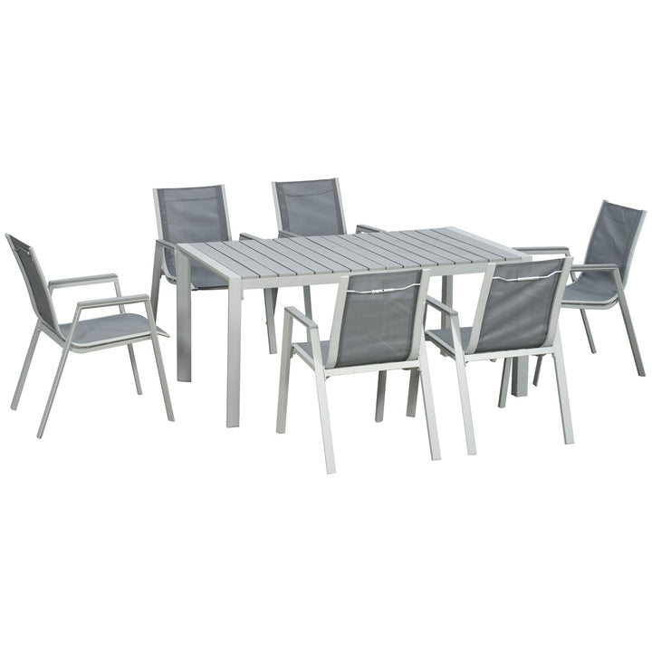 7 Pieces Garden Dining Set, Outdoor Table and 6 Armchairs, Aluminium Frame Slatted Wood Grain Plastic Top Table Mesh Fabric Seats Light Grey