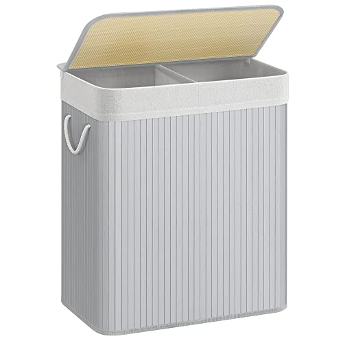 Divided Laundry Basket with 2 Sections and Cotton Handles- Grey