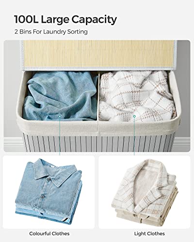 Divided Laundry Basket with 2 Sections and Cotton Handles- Grey