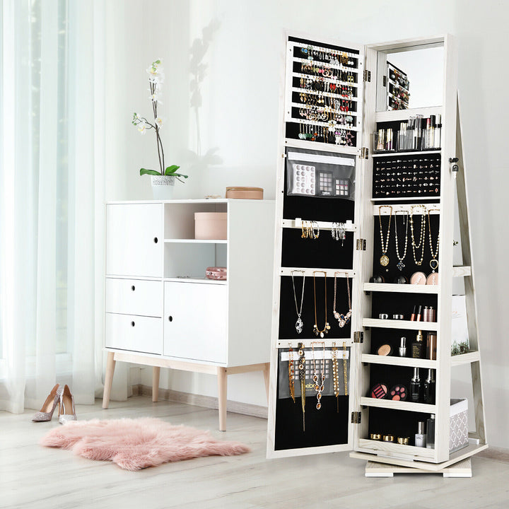 Full Length Mirrored Jewellery Cabinet Rotates 360° with Open Display Shelves-White