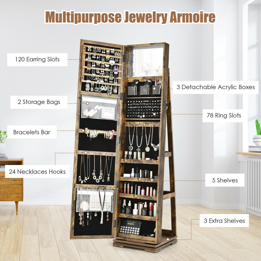 Full Length Mirrored Jewellery Cabinet Rotates 360° with Open Display Shelves-Rustic Brown