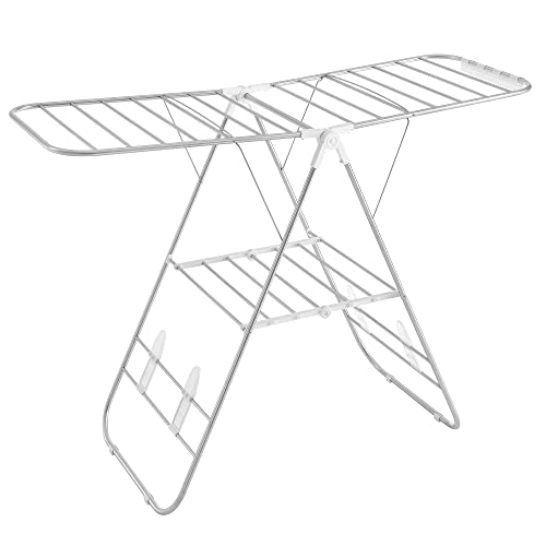 Clothes Drying Rack, Height-Adjustable Wings, Free-Standing, White and Silver