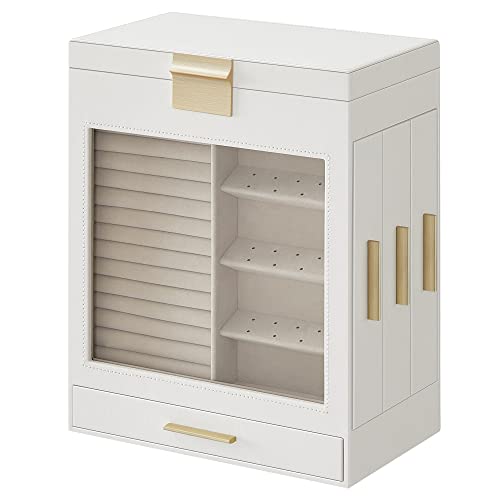 Jewellery Box w/ Glass Window, 5-Layers w/ 3 Side Drawers-Cloud White