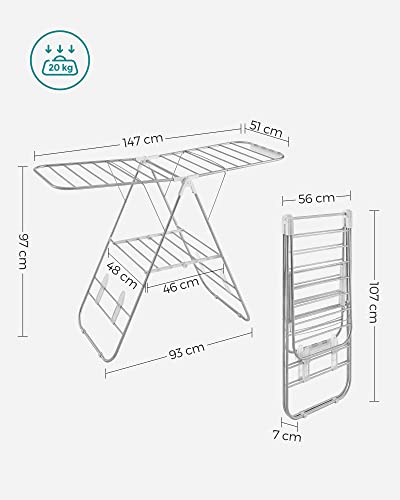 Clothes Drying Rack, Height-Adjustable Wings, Free-Standing, White and Silver