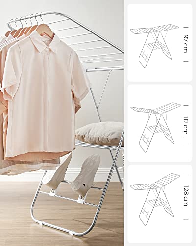 Clothes Drying Rack, Height-Adjustable Wings, Free-Standing, White and Silver