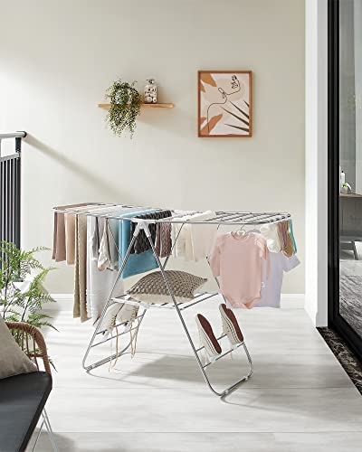 Clothes Drying Rack, Height-Adjustable Wings, Free-Standing, White and Silver