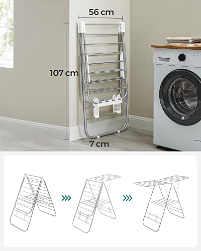Clothes Drying Rack, Height-Adjustable Wings, Free-Standing, White and Silver